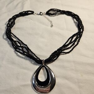 Black Multistrand Seed Bead Necklace with Silver Teardrop Pendant 18 Inches